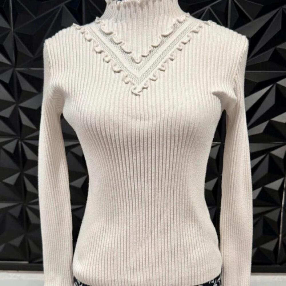 Anthropologie Cream Lettuce Trim Mock Neck Chevron Ribbed Sweater S